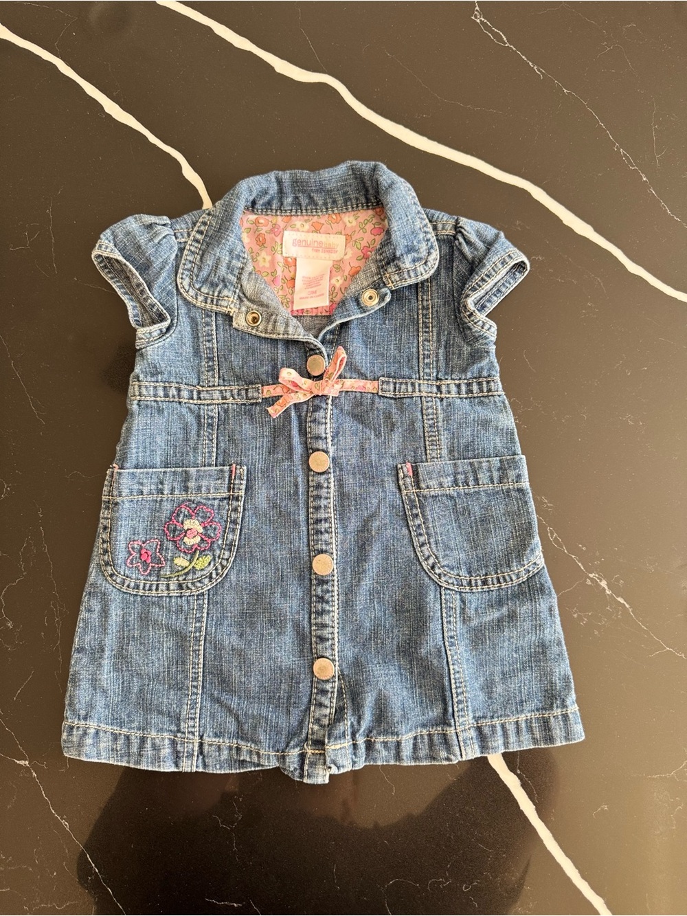 Y2K Baby Girl Denim Button-Front Dress‎ with Floral Embroidery